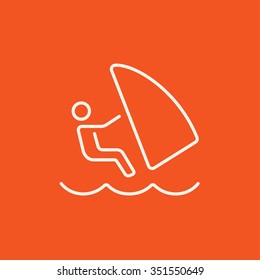 Wind surfing line icon for web, mobile and infographics. Vector white icon isolated on red background.