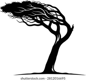 Wind swept tree silhouette graphic isolated on white background