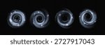 Wind swirl vortex effects with purple bubble detergent foam spheres for cleaning product or magic spell visualization. Transparent spiral rings with sparkling particles on dark. Washing cycle assets.