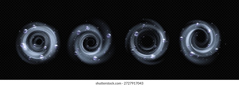 Windwirbelwirbeleffekte mit violetten Schaumkugeln aus Waschmittelschaum zur Reinigung von Produkten oder zur Visualisierung von Zaubersprüchen. Transparente Spiralringe mit funkelnden Partikeln auf dunkler Oberfläche. Anlagen für den Waschzyklus.