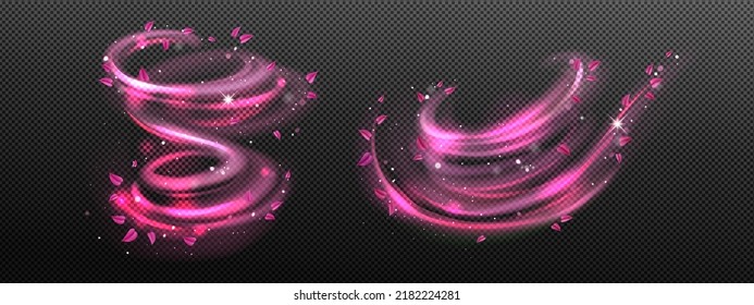 Wind swirls with flower pink petals isolated on transparent background. Vector realistic illustration of spiral air vortex with flying blossom petals, magic dust splash