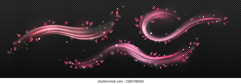 Remolques de viento con pétalos rosados florales aislados en un fondo transparente. Ilustración vectorial realista del vórtice del aire espiral con pétalos de flor volador, salpicadura mágica de polvo