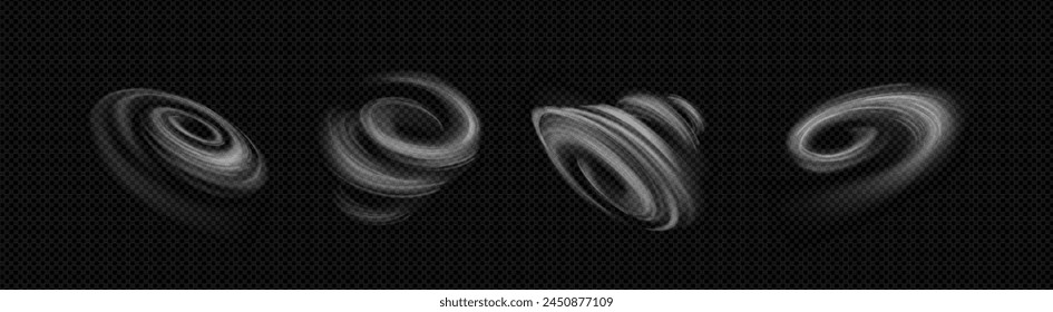 Wind swirls set isolated on transparent background. Vector realistic illustration of spiral air flow, tornado motion effect, magic whirlwind vortex, dusty hurricane, stormy weather design elements