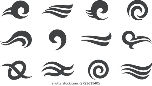 Conjunto de iconos de símbolos de viento: motivos estilizados de flujo de aire para el movimiento y la atmósfera
