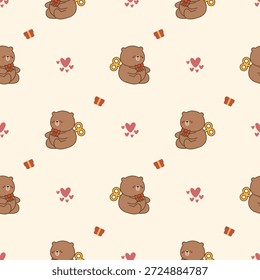 Wind up teddy bear cartoon so cute. On heart gift box background. Pattern seamless vector illustration. 