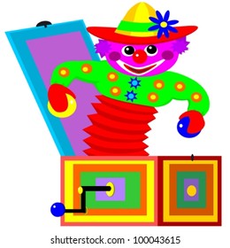 Wind up toy.  Illustration of a wind up toy of a clown that pops up out of a box when the handle is turned.