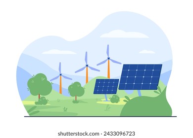 Wind tribunes and solar panels outdoors vector illustration. Landscape of eco-friendly district. Renewable energy and environment concept