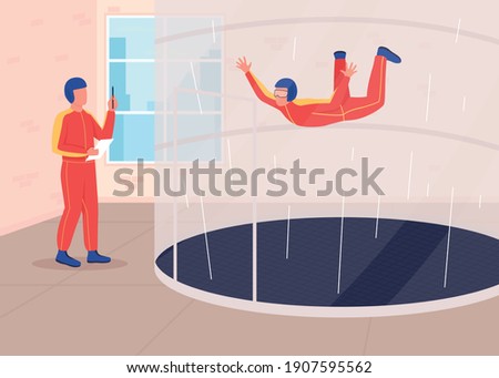 Wind tunnel training flat color vector illustration. Skydiving happens in vertical wind tunnel. Proffesionals preparing for space mission 2D cartoon characters with special device on background