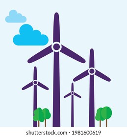 Wind turbine 4 front and angle view with green trees background on sky with clouds. Alternative renewable power generation, green energy concept. Vector realistic mockup of windmill with white 