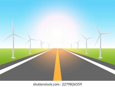 Wind Turbine along the road in a field against blue sky. Electric pylons. Electric Power Transmission. High Voltage Pylon. Vector Illustration.