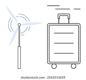 Wind turbine alongside a suitcase conveys eco-friendly travel through renewable energy. Ideal for environmental awareness, sustainable tourism, eco-friendly travel, renewable energy advocacy