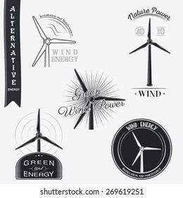 Wind turbine. Alternative Eco Energy. Set of Typographic Badges. Flat vector illustration