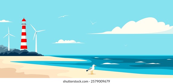 Wind turbine at the beach of an ocean. Flat vector graphic design. Green energy concept