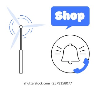 Wind turbine and bell notification with phone icon, accompanied by a blue shop speech bubble. Ideal for ecommerce, renewable energy, notifications, online shops, and modern technology graphics