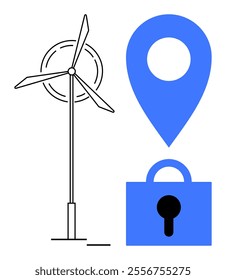 Wind turbine beside a blue location marker and lock, emphasizing renewable energy, secure services, and pinpointing locations. Ideal for green energy concepts, security, geolocation, modern design