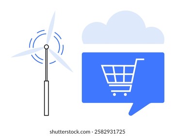 Wind turbine beside speech bubble with shopping cart icon and cloud element. Ideal for sustainability, renewable energy, e-commerce, technology, environmental conservation, digital transformation