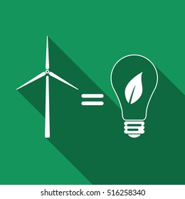 Wind turbine and bulb with leaves as idea of eco-friendly source of energy flat icon with long shadow. Vector Illustration