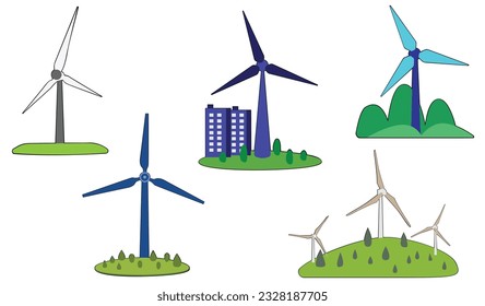 Wind turbine clipart vector set flat design on white background, clean energy concept isolated icon set element