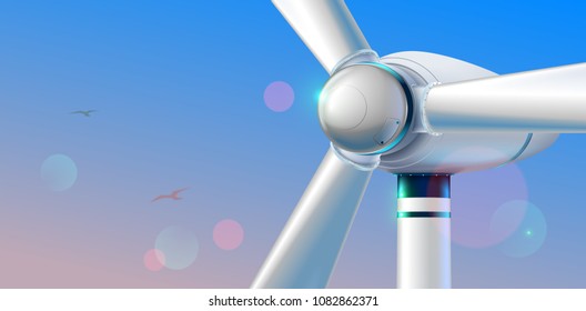 Wind Turbine close up. Abstract wind power station producing renewable alternative energy on clear sky background in the morning. Aerial viewing.