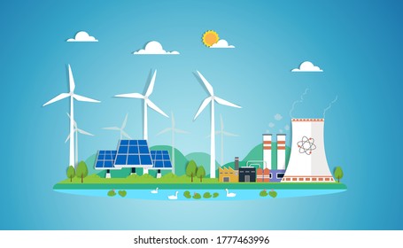 wind turbine  concept. eco city using wind, solar and Wind turbine.