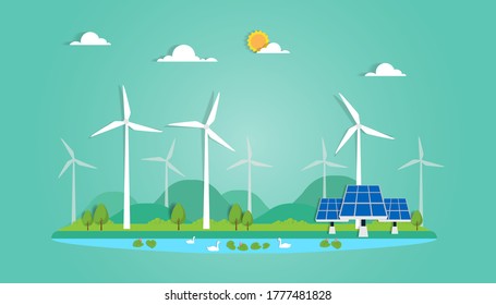 wind turbine  concept. eco city using wind, solar and Wind turbine.