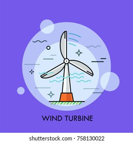 Windturbine. Konzept der Elektrizitäts- oder Stromerzeugung, umweltfreundlicher oder erneuerbarer nachhaltiger Energie, umweltfreundlicher oder sauberer Technologie. Vektorgrafik für Webbanner, Website, Poster.