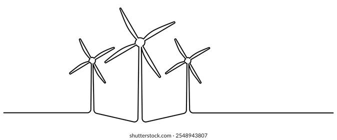 Wind Turbine Continuous Line Icon. Hilly landscape with wind farm turbines energy continuous one line icon drawing. Renewable source green energy concept vector illustration. Contour one line sign