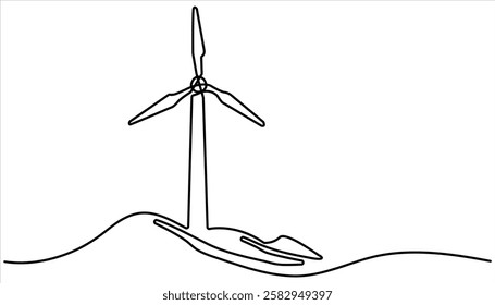 wind turbine continuous one line drawing. Continuous one line wind farm turbines vector illustration. One line drawing illustration of windmill energy. Wind turbines in one continuous line drawing.