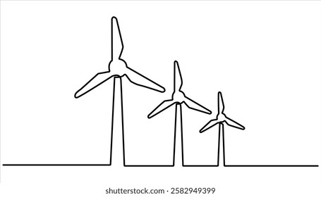 wind turbine continuous one line drawing. Continuous one line wind farm turbines vector illustration. One line drawing illustration of windmill energy. Wind turbines in one continuous line drawing.