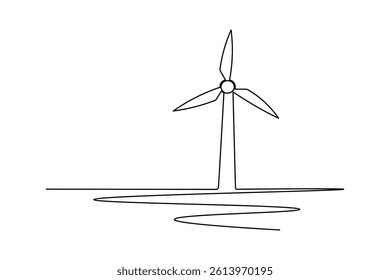 Wind turbine continuous one line drawing and minimalist style isolate outline vector icon