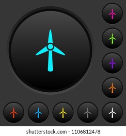 Wind turbine dark push buttons with vivid color icons on dark grey background