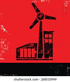 Wind turbine design on red background,grunge vector