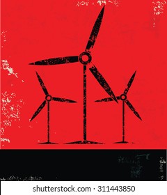 Wind turbine design on red background, grunge vector