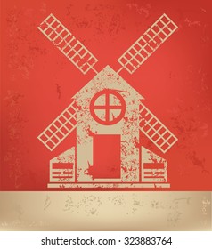 Wind turbine design on red background, grunge vector
