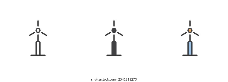 Wind turbine different style icon set. Line, glyph and filled outline colorful version, outline and filled vector sign. Symbol, logo illustration. Vector graphics