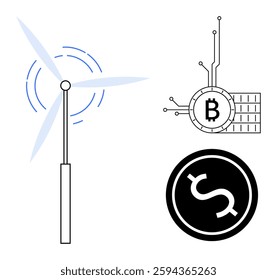 Wind turbine and digital currency symbols like Bitcoin and Dollar signs. Ideal for themes of renewable energy, cryptocurrency, green technology, digital economy, futuristic investments. Simple modern