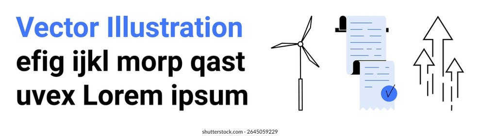 Wind turbine, documents with checkmark, upward arrows. Ideal for environmental campaigns, educational materials, reports, infographics, presentations, websites, renewable energy Landing page