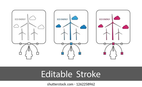 Wind Turbine Eco Concept - Outline Styled Icon - Editable Stroke - Vector Illustration - Isolated On White Background