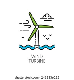 Wind turbine eco energy, clean power line icon. Clean electricity sustainable source, alternative energy industry or ecological power station line vector sign or symbol with wind turbine in sea