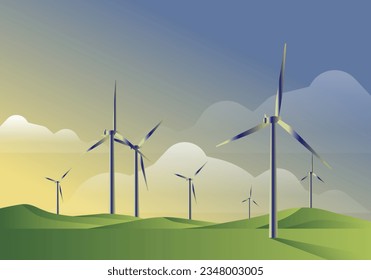 Wind turbine energy generaters on wind farm, with solar panels underneath.