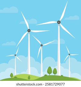 Wind turbine wind turbine wind energy green energy electricity open air wind farm concept vector illustration