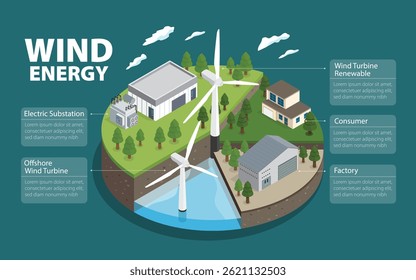 Energia da turbina eólica: como funciona a energia limpa, usando um design isométrico