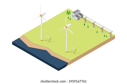 wind turbine energy, wind turbine power plant in isometric graphic