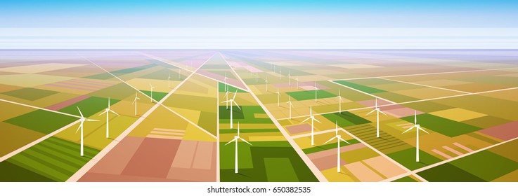 Wind Turbine Energy Renewable Station Field Background Flat Vector Illustration