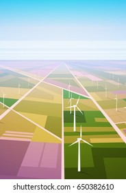 Wind Turbine Energy Renewable Station Field Background Flat Vector Illustration