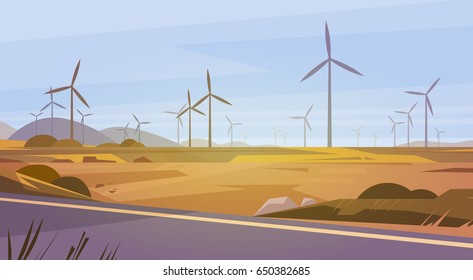 Wind Turbine Energy Renewable Station Nature Background Flat Vector Illustration