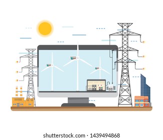 wind turbine, wind energy in screen monitor with transmission line in simple graphic