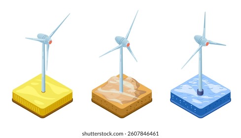 Wind Turbine Energy. Set of three isometric vector illustrations representing wind turbines in different environments — open field, mountain terrain, and offshore water.