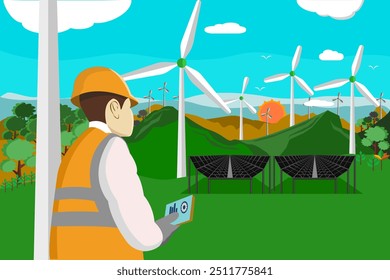 Wind turbine engineer vector illustration with solar panels and field with wind turbines. It is a concept image of using clean energy and future technology