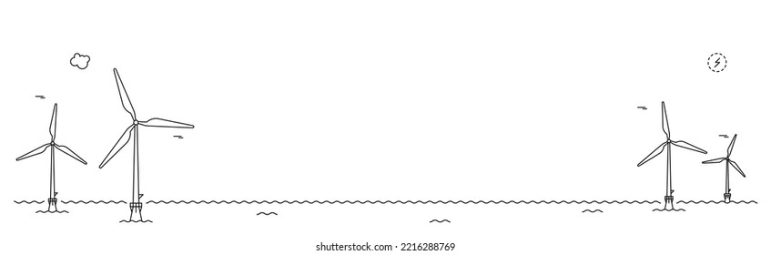 Wind turbine farm. Border drawing in Line art style. Green amd smart energy.